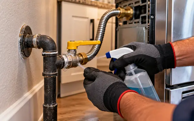 Yellow gas shutoff valve and flexible connector behind a range being checked with leak-detection spray