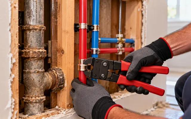 Old rusted galvanized pipe beside new red and blue PEX lines in an opened wall