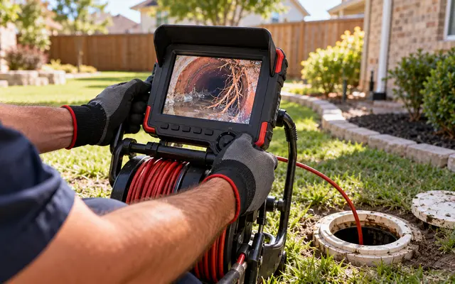 Sewer camera monitor showing tree roots inside an old clay pipe, next to an open yard cleanout