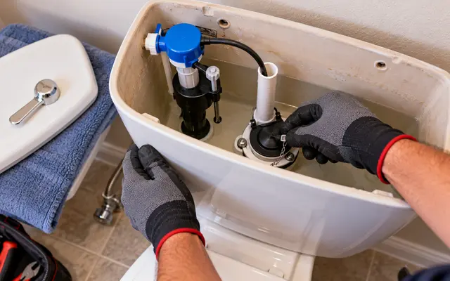 Gloved hands installing a new fill valve and flapper inside an open toilet tank