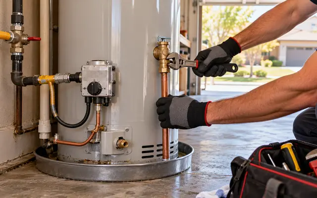 Gas tank water heater in a garage on a drain pan, with a plumber checking the fittings